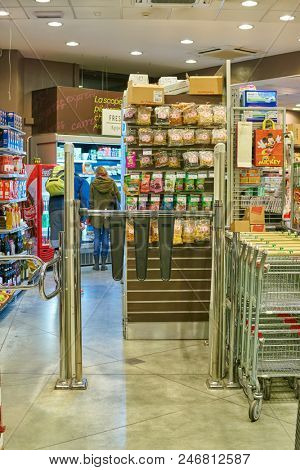 MILAN, ITALY - CIRCA NOVEMBER, 2017: interior shot of Carrefour Express store in Milan.