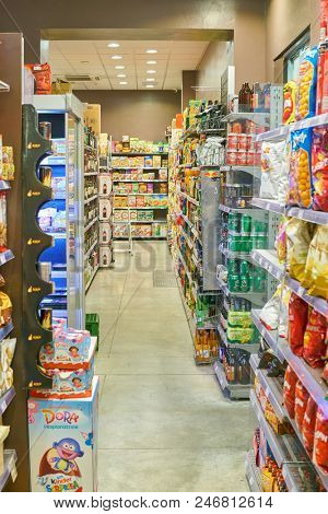 MILAN, ITALY - CIRCA NOVEMBER, 2017: interior shot of Carrefour Express store in Milan.
