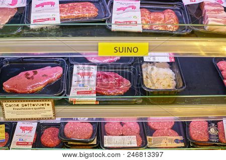 MILAN, ITALY - CIRCA NOVEMBER, 2017: assortment of meat products on display for sale at Carrefour Express in Milan.
