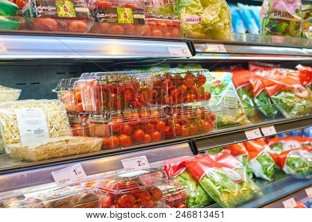 MILAN, ITALY - CIRCA NOVEMBER, 2017: assortment of food on display for sale at Carrefour Express in Milan.