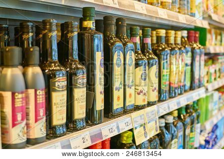MILAN, ITALY - CIRCA NOVEMBER, 2017: assortment of balsamic vinegar on display for sale at Carrefour Express in Milan.