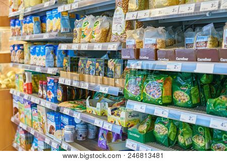 MILAN, ITALY - CIRCA NOVEMBER, 2017: assortment of food on display for sale at Carrefour Express in Milan.