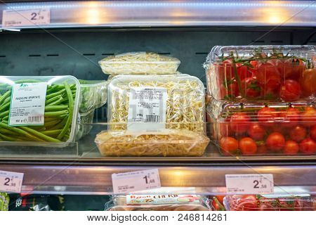 MILAN, ITALY - CIRCA NOVEMBER, 2017: assortment of food on display for sale at Carrefour Express in Milan.