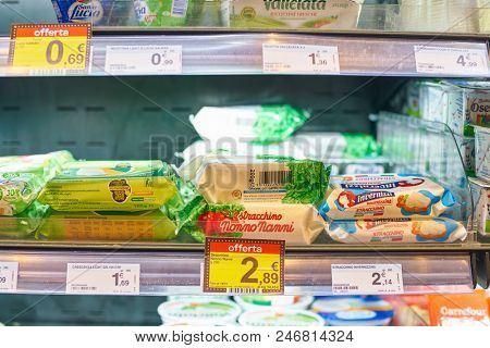 MILAN, ITALY - CIRCA NOVEMBER, 2017: assortment of food on display for sale at Carrefour Express in Milan.