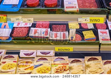 MILAN, ITALY - CIRCA NOVEMBER, 2017: assortment of meat products on display for sale at Carrefour Express in Milan.