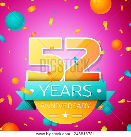 Realistic Fifty Two Years Anniversary Celebration Design Banner. Gold Numbers And Cyan Ribbon, Ballo
