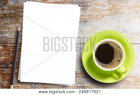 White Paper Or Notebook With Pencil And Cup Of Coffee On Brown Wood Table Background. Using Wallpape