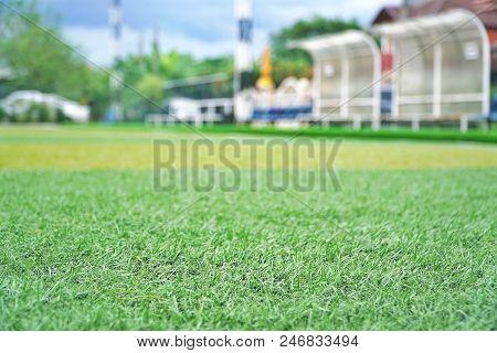 Green Soccer Field.beautiful Artificial Grass On The Stadium.abstract Football Turf Ground With Play