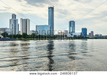 Yekaterinburg, Russia - June 21, 2018: View Of City Center Skyline And Iset River