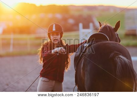 Young girl getting her horse ready for riding in the padlock. Jockette. Horseriding.