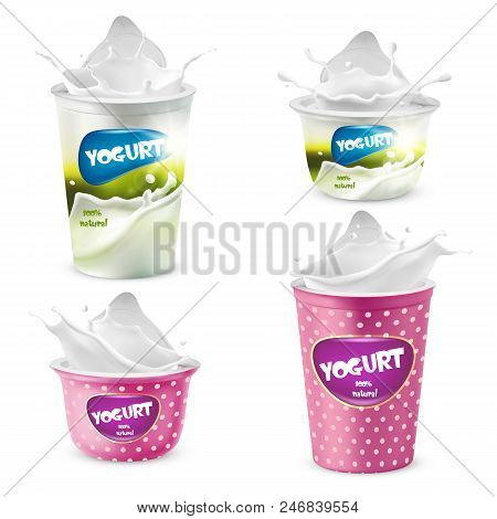 Vector Set Of Packages For Fruit Yogurts, Sweet Milk Desserts, Isolated On Background. Large And Sma