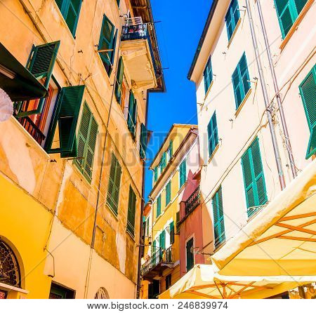 Colorful Buildings In Monterosso In Cinque Terre, Italy On Sunny Day.