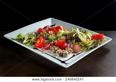Chicken Hearts, Vegetable Salad. Healthy Food Side View