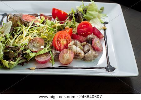 Chicken Hearts, Vegetable Salad. Healthy Food Macro