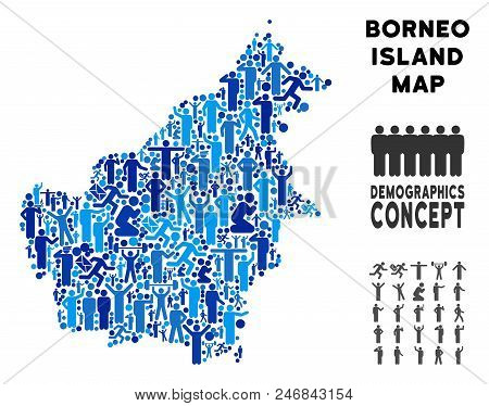Vector Population Borneo Island Map. Demography Concept Of Borneo Island Map Composed Of Crowd With 