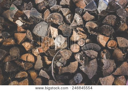 Pile Of Firewood. Preparation Of Firewood For The Winter And Use For Cooking, Firewood Background, S