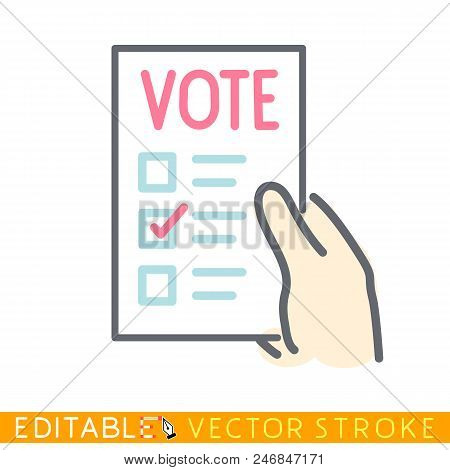 Hand Hold A Vote List. Editable Stroke Sketch Icon. Stock Vector Illustration.