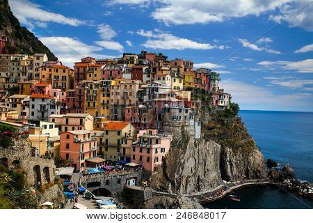 Manarola, Liguria, Italy - June 14, 2018: Manarola Village, Cinque Terre Coast of Italy. Manarola is a beautiful small town in the province of La Spezia, Liguria