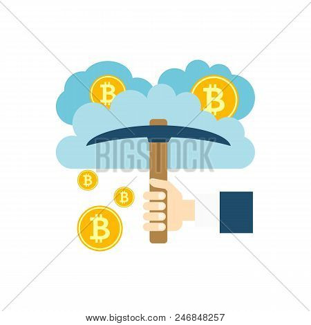 Cloud Mining Concept, Clouds, Bitcoin, Pickaxe Flat Vector Icon. Isolated On White Background. Trend