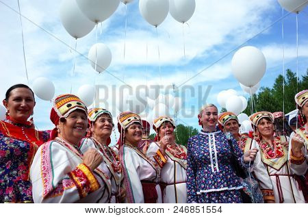Russia, Koltsovo - June 23, 2018: Women in national russian dresses during celebrating the International Festival of National Cultures