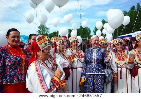 Russia, Koltsovo - June 23, 2018: Women in national russian dresses during celebrating the International Festival of National Cultures