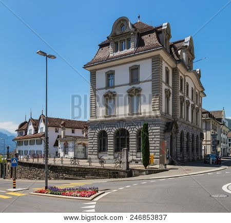 Schwyz, Switzerland - June 23, 2018: Buildings Of The Historic Part Of The Town Of Schwyz. The Town 