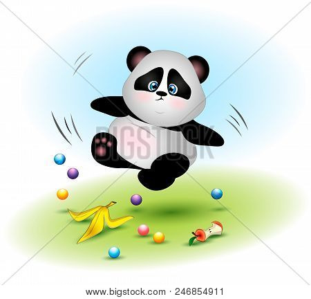 The Fat And Clumsy Bear Of A Panda Falls Due To Garbage. The Animal Slipped On The Peel From The Ban