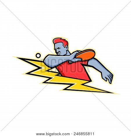 Mascot Icon Illustration Of A Table Tennis Or Ping-pong Player Striking A Ping Pong Ball With Paddle