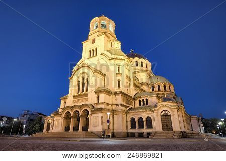 Alexander Nevsky Cathedral by night in Sofia, Bulgaria