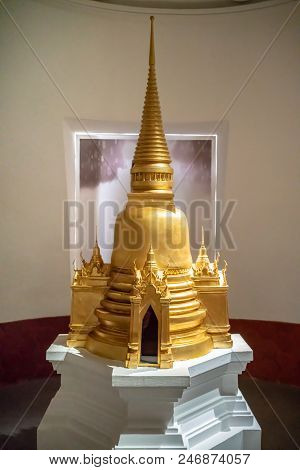 Rattankosin Exhibittion Hall, Bangkok, Thailand : June 17, 2018 : Golden Pagoda Statue, Sukhothai Dy