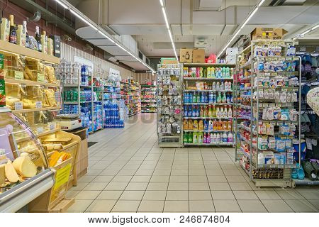 MILAN, ITALY - CIRCA NOVEMBER, 2017: interior shot of Carrefour Express in Milan.