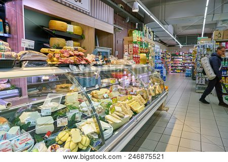 MILAN, ITALY - CIRCA NOVEMBER, 2017: interior shot of Carrefour Express in Milan