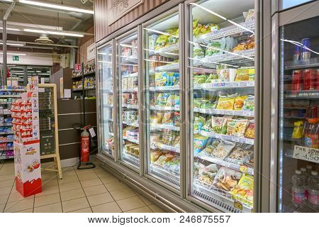 MILAN, ITALY - CIRCA NOVEMBER, 2017: interior shot of Carrefour Express in Milan