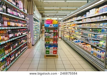 MILAN, ITALY - CIRCA NOVEMBER, 2017: interior shot of Carrefour Express in Milan