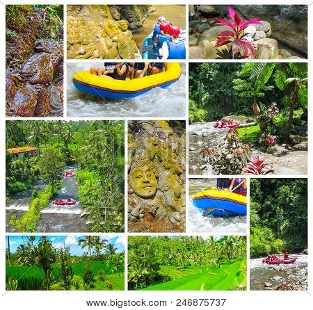 Rafting In The Canyon On Balis Mountain River At Indonesia. Collage
