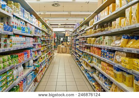 MILAN, ITALY - CIRCA NOVEMBER, 2017: interior shot of Carrefour Express in Milan