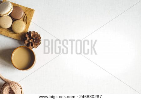 Top View Of A Cookie With Latte And Spruce Cone And A Yarn. Espresso, Four Cookies And Spruce Cone A