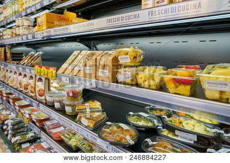 MILAN, ITALY - CIRCA NOVEMBER, 2017: prepared food on display at Carrefour Express store in Milan