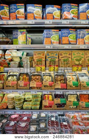 MILAN, ITALY - CIRCA NOVEMBER, 2017: food products on display at Carrefour Express store in Milan