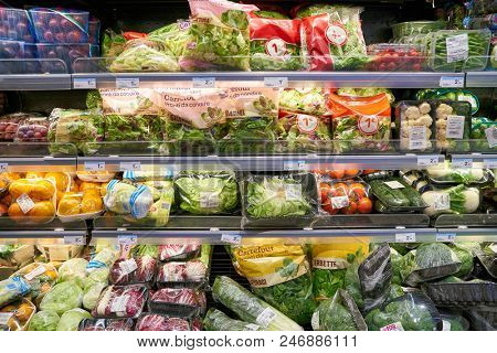 MILAN, ITALY - CIRCA NOVEMBER, 2017: food products for sale in Carrefour Express store in Milan.