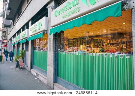 MILAN, ITALY - CIRCA NOVEMBER, 2017: Carrefour Express front side in Milan.
