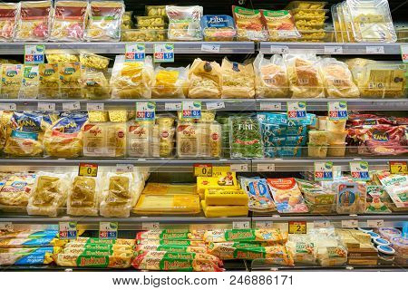 MILAN, ITALY - CIRCA NOVEMBER, 2017: food products for sale in Carrefour Express store in Milan.