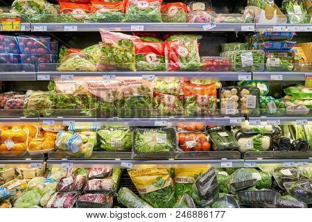 MILAN, ITALY - CIRCA NOVEMBER, 2017: food products for sale in Carrefour Express store in Milan.