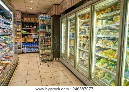 MILAN, ITALY - CIRCA NOVEMBER, 2017: food products for sale in Carrefour Express store in Milan.