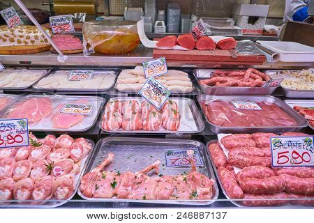MILAN, ITALY - CIRCA NOVEMBER, 2017: assortment of meat products on display in shop in Milan.