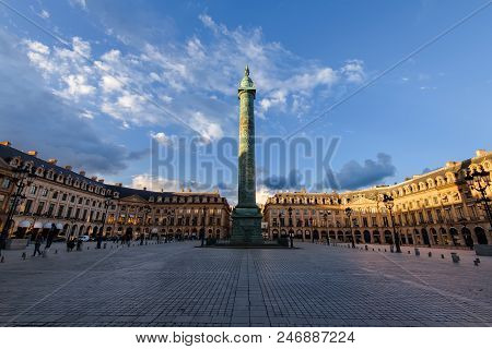 Paris, France - August 9, 2017. Place Vendome Square Panoramic View With Vendome Column And Statue O