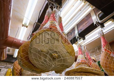 MILAN, ITALY - CIRCA NOVEMBER, 2017: assortment of meat products on display in shop in Milan.