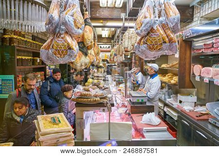 MILAN, ITALY - CIRCA NOVEMBER, 2017: assortment of meat products on display in shop in Milan.