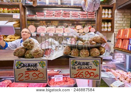 MILAN, ITALY - CIRCA NOVEMBER, 2017: salami on display in shop in Milan.