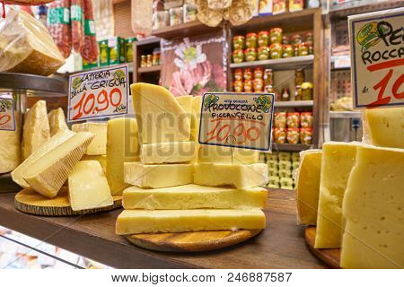 MILAN, ITALY - CIRCA NOVEMBER, 2017: assortment of cheese on display in shop in Milan.